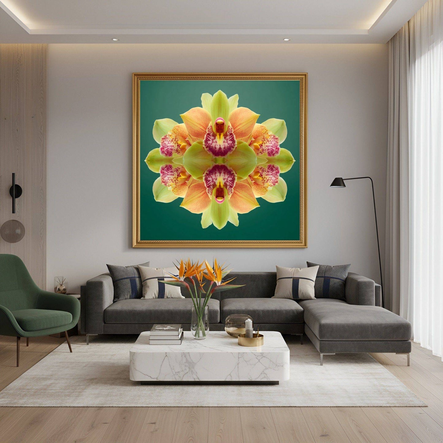 Orchid Mirage wall print – green and magenta orchids in symmetry, tropical botanical art in modern living room