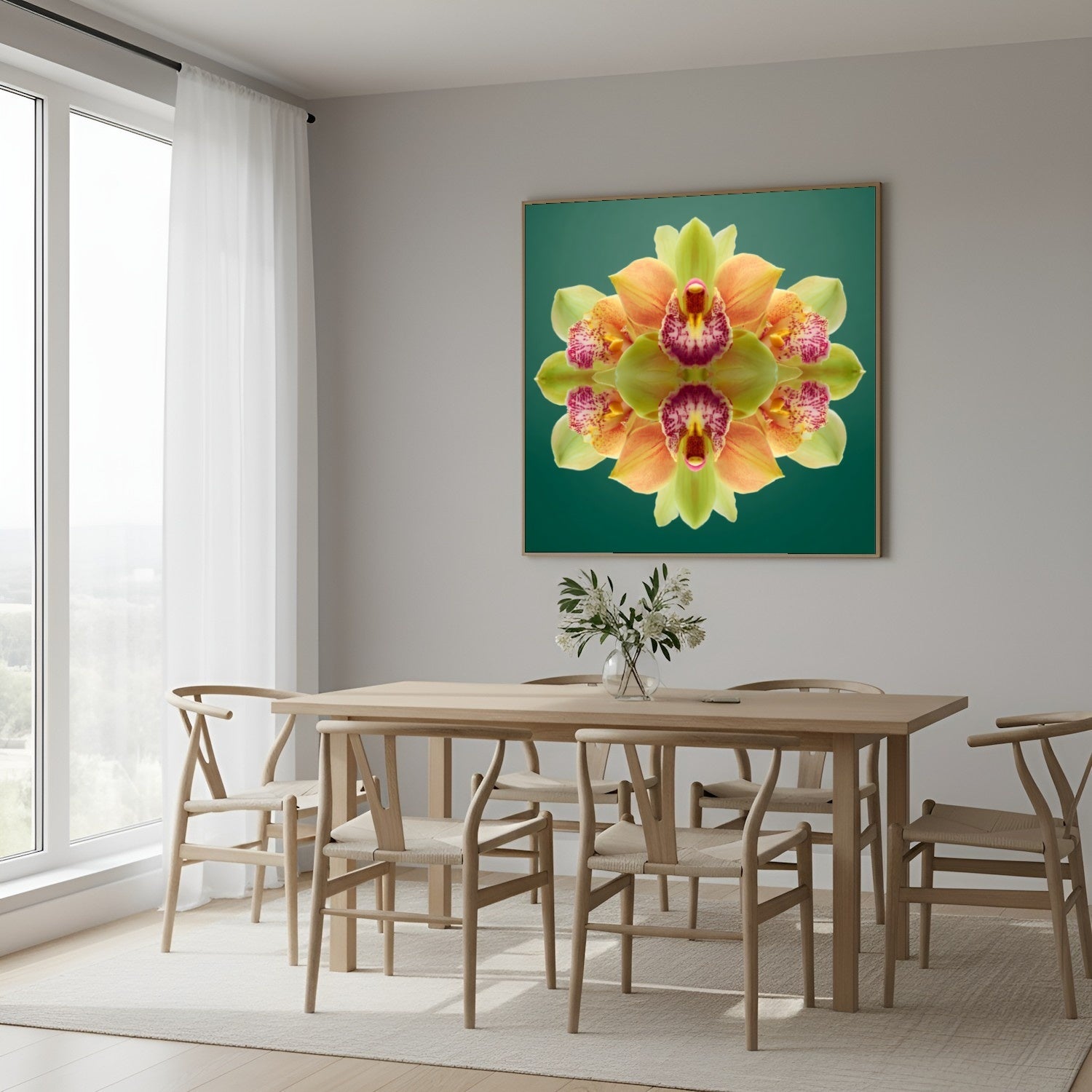 Orchid Mirage wall print – green and magenta orchids in symmetry, tropical botanical art in Scandinavian dining