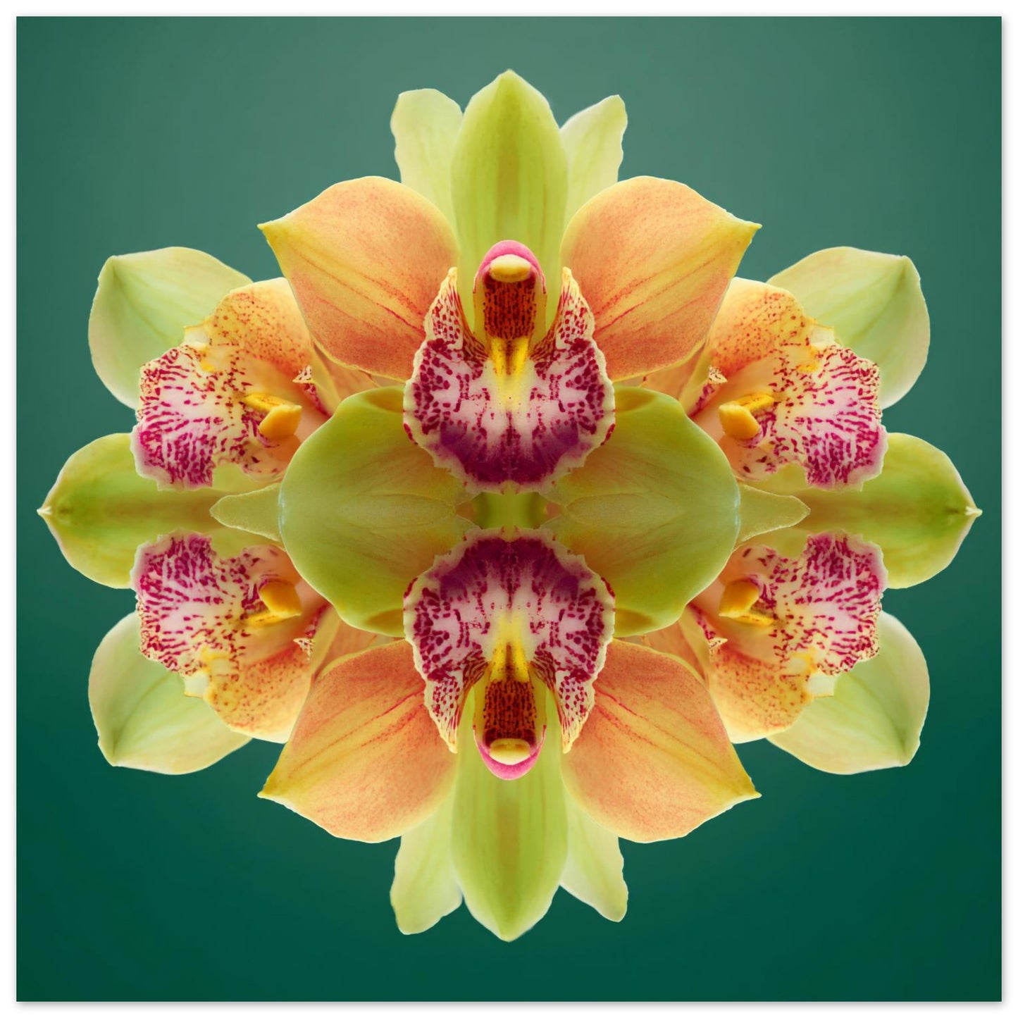 Orchid Mirage wall print – green and magenta orchids in symmetry, tropical botanical art close up
