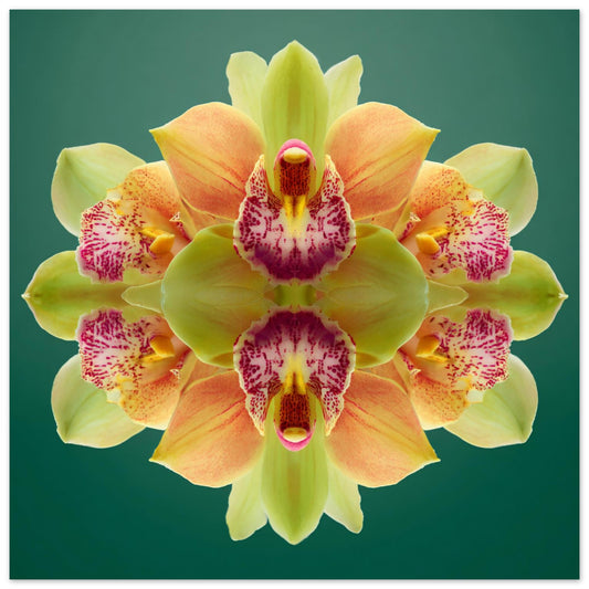 Orchid Mirage wall print – green and magenta orchids in symmetry, tropical botanical art close up