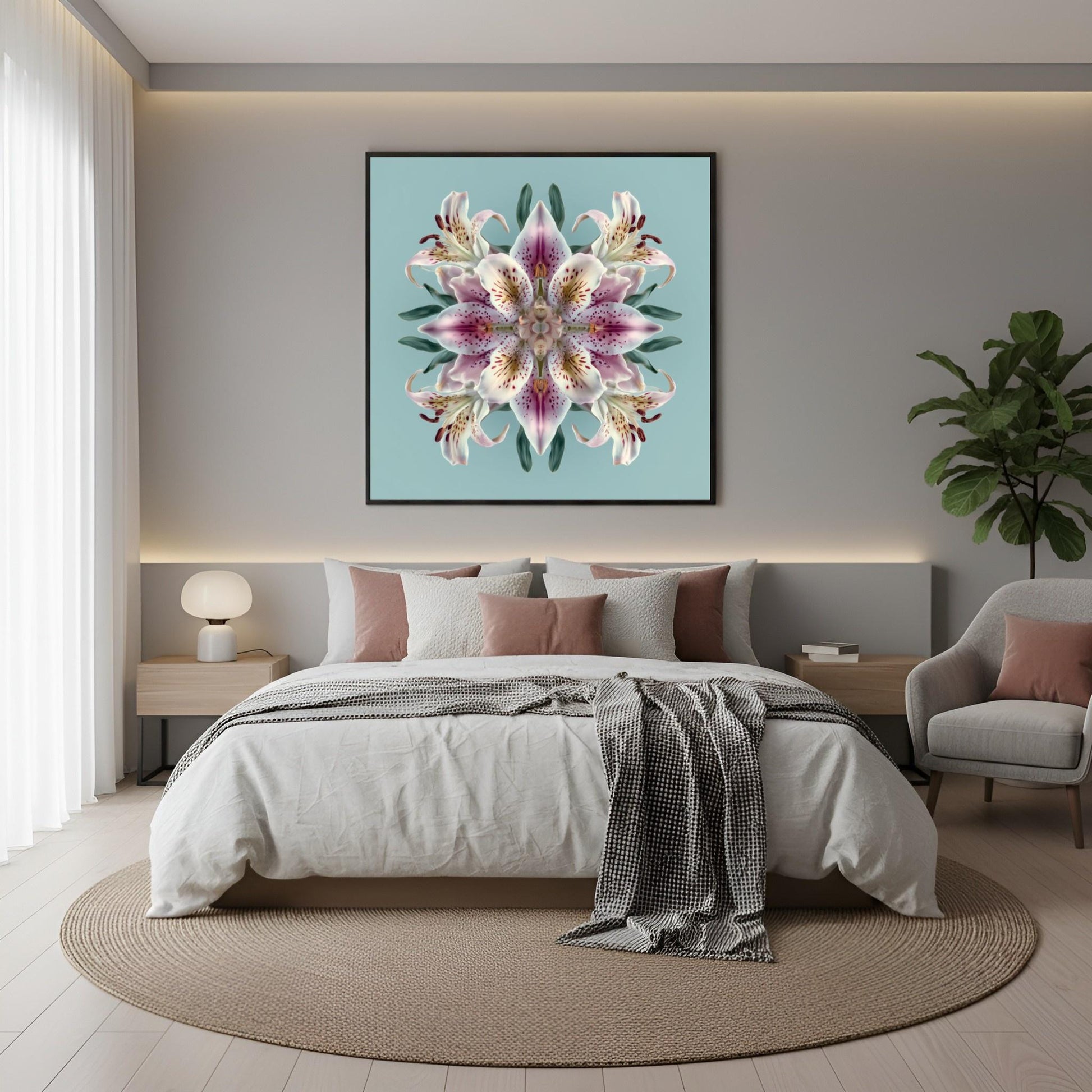 Lily Bloom wall art featuring radiant pink lilies in symmetry, perfect floral decor for Home Styling in boho bedroom