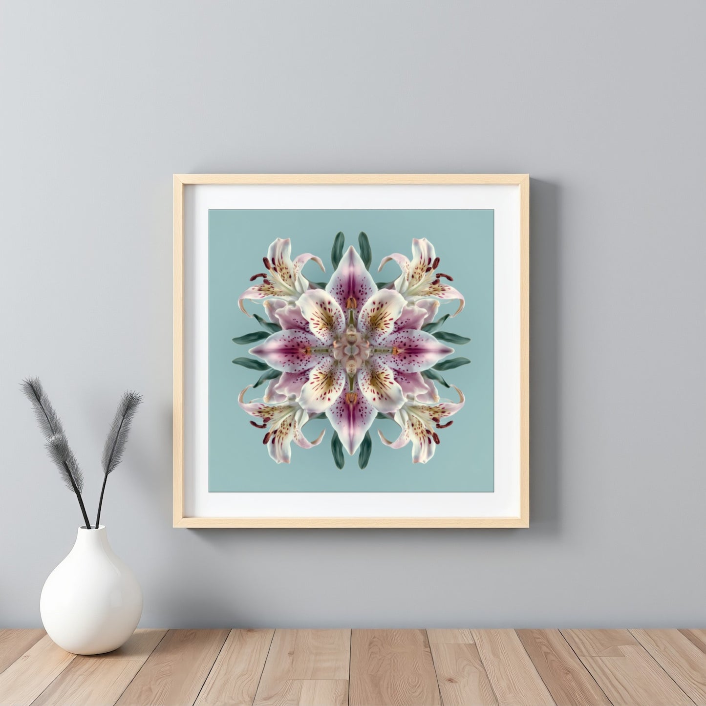 Lily Bloom wall art featuring radiant pink lilies in symmetry, perfect floral decor for Home Styling framed white