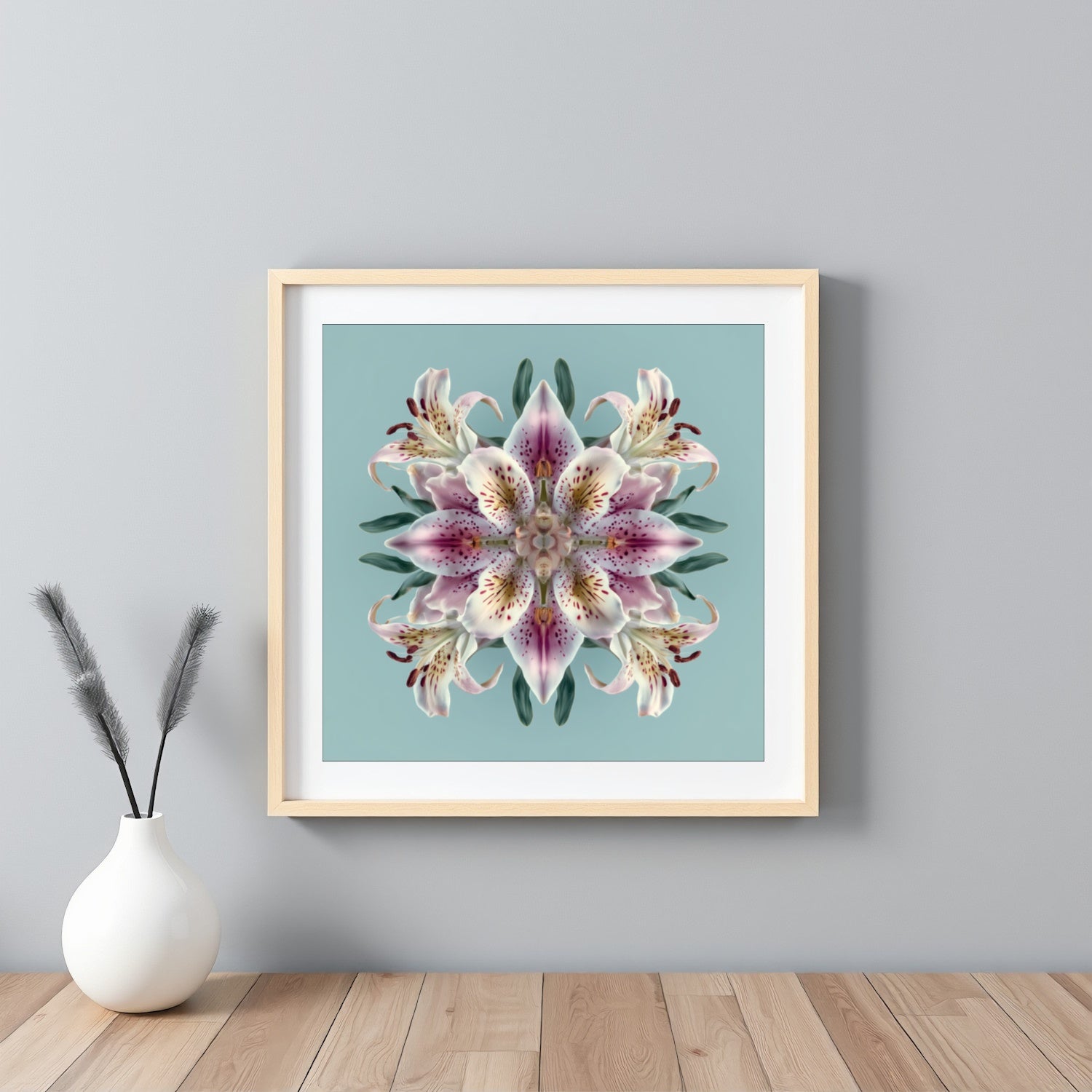 Lily Bloom wall art featuring radiant pink lilies in symmetry, perfect floral decor for Home Styling framed white