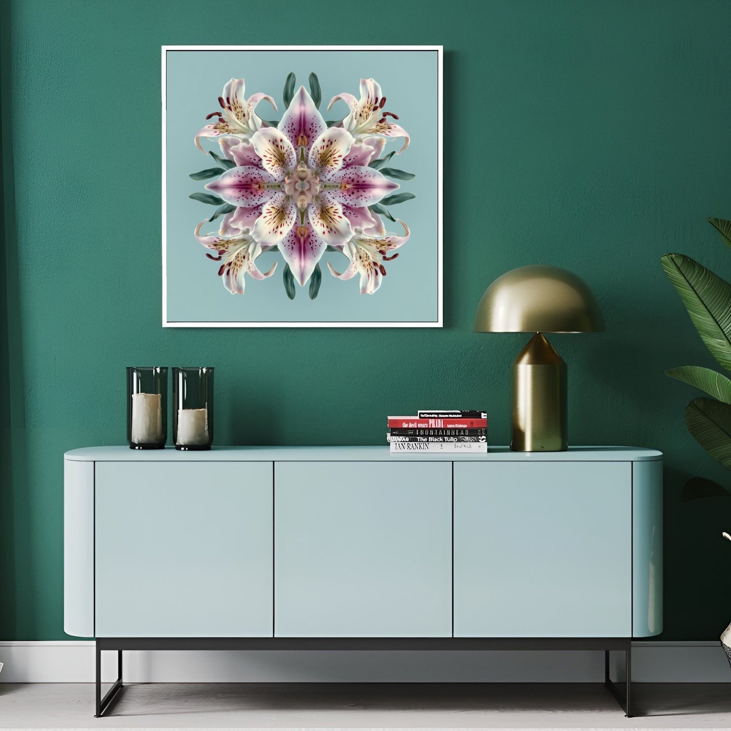 Lily Bloom wall art featuring radiant pink lilies in symmetry, perfect floral decor for Home Styling in modern hallway
