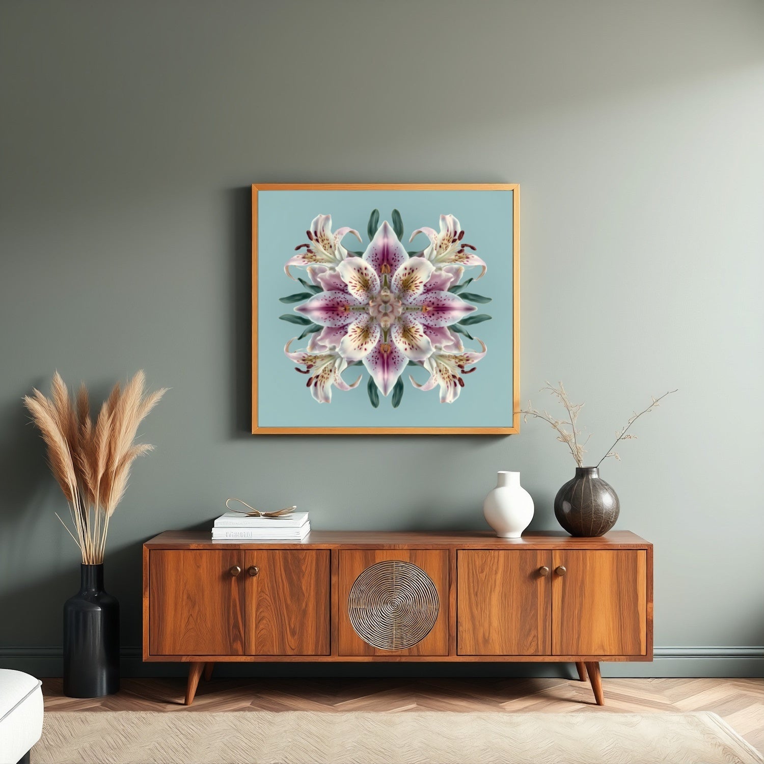 Lily Bloom wall art featuring radiant pink lilies in symmetry, perfect floral decor for Home Styling in living room