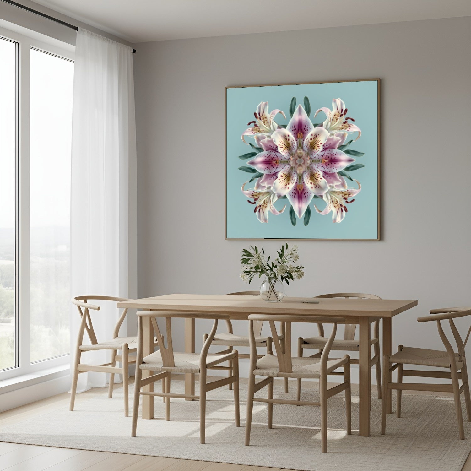 Lily Bloom wall art featuring radiant pink lilies in symmetry, perfect floral decor for Home Styling in Scandinavian dining