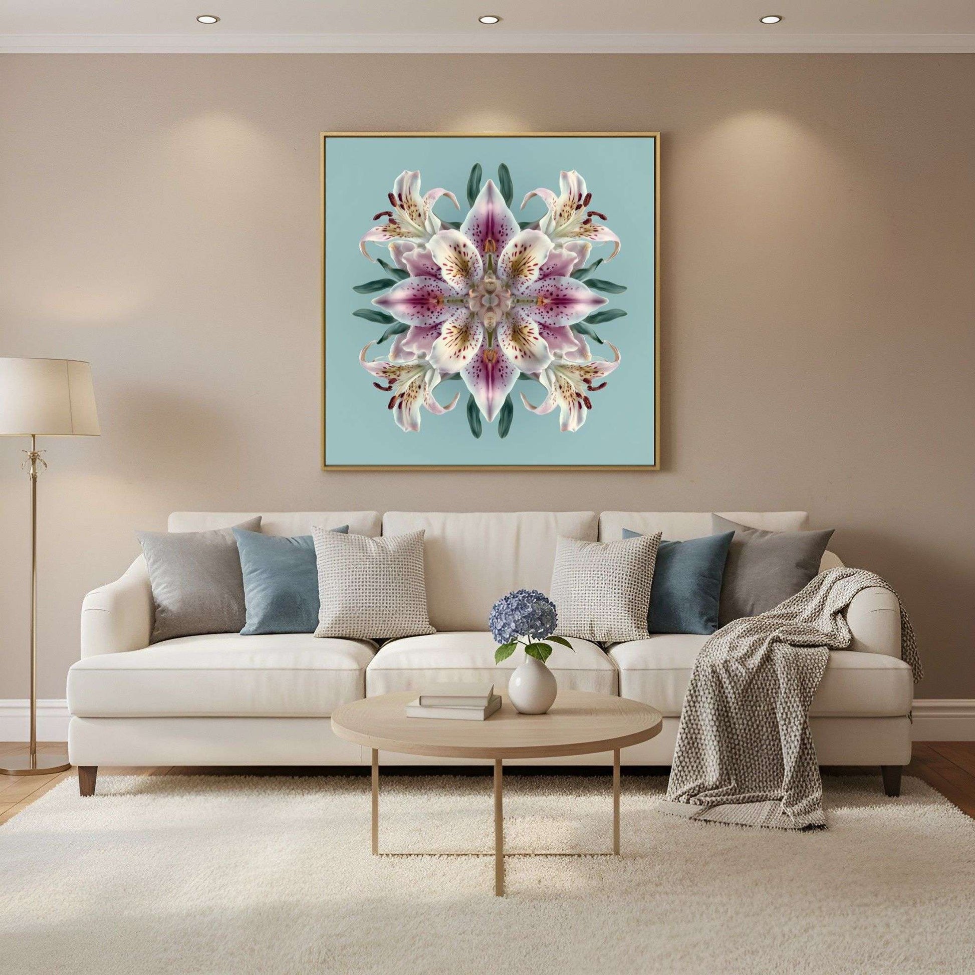 Lily Bloom wall art featuring radiant pink lilies in symmetry, perfect floral decor for Home Styling in Scandinavian living