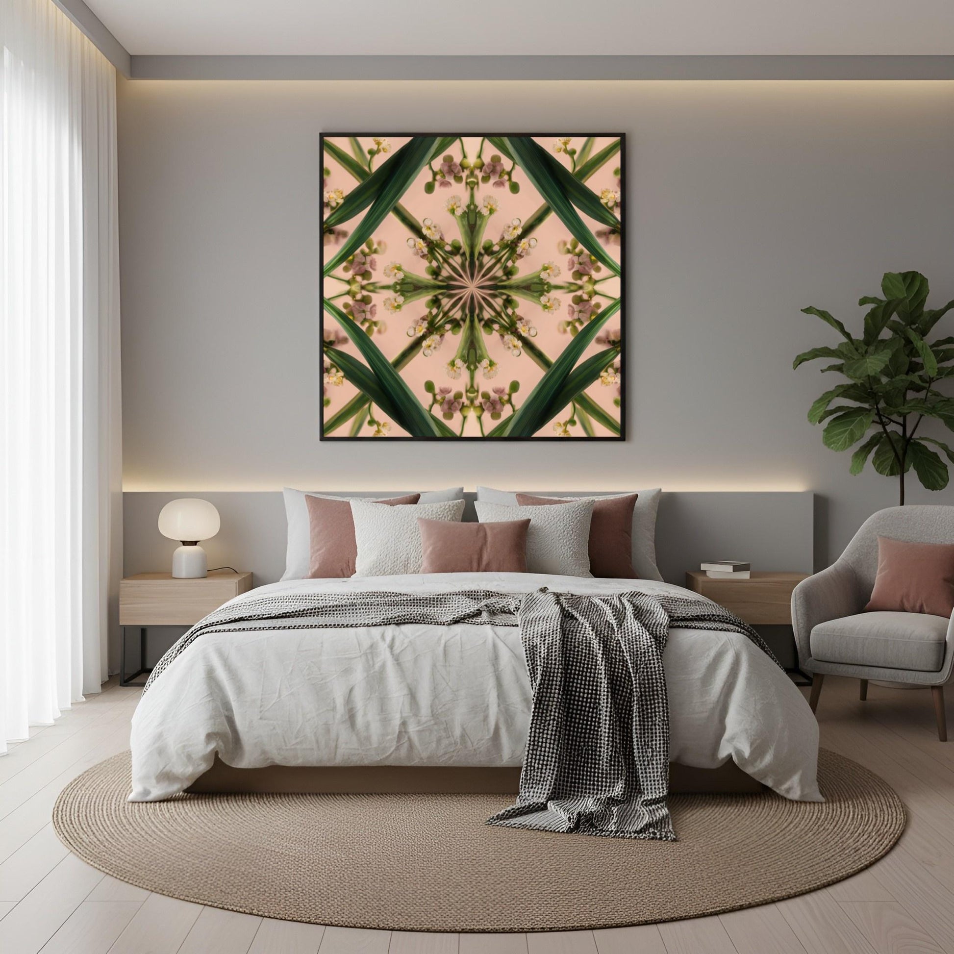 Botanical Design print – green stems and buds in mandala form on blush, modern botanical nature-inspired wall decor in boho bedroom