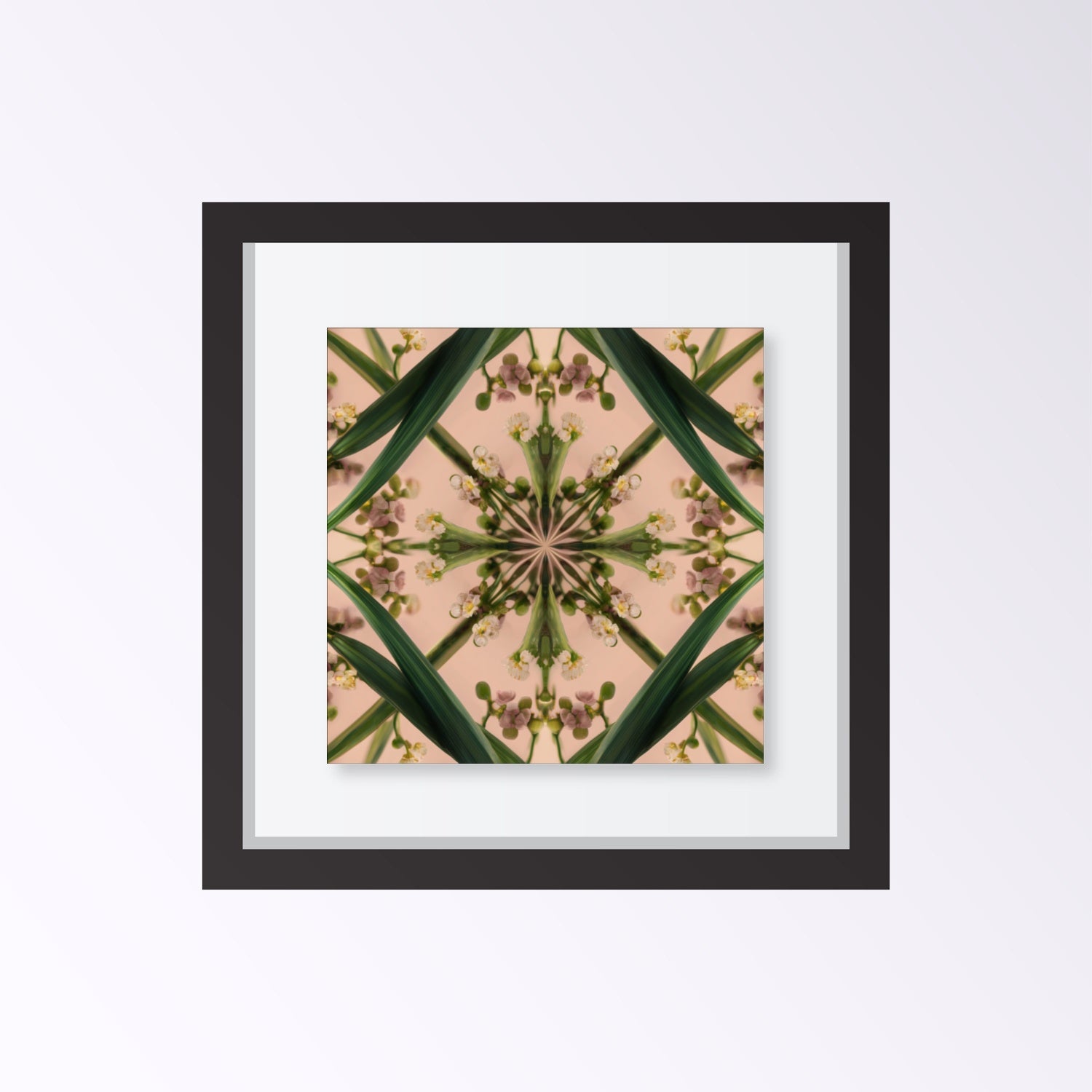 Botanical Design print – green stems and buds in mandala form on blush, modern botanical nature-inspired wall decor framed black