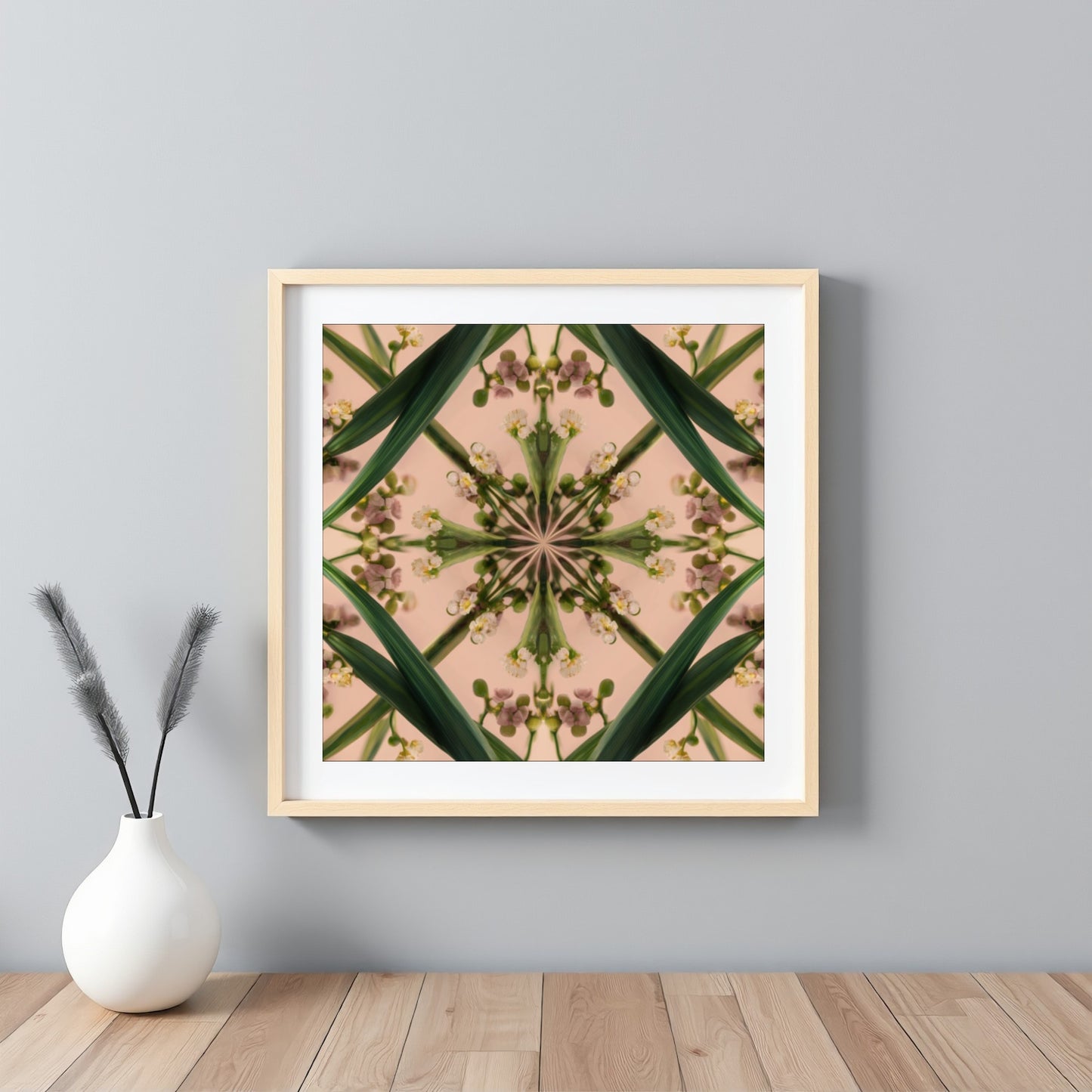 Botanical Design print – green stems and buds in mandala form on blush, modern botanical nature-inspired wall decor framed white