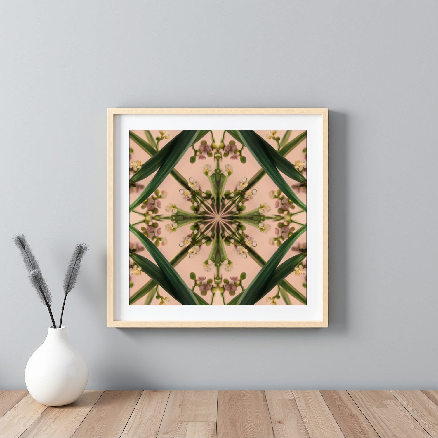 Botanical Design print – green stems and buds in mandala form on blush, modern botanical nature-inspired wall decor framed white