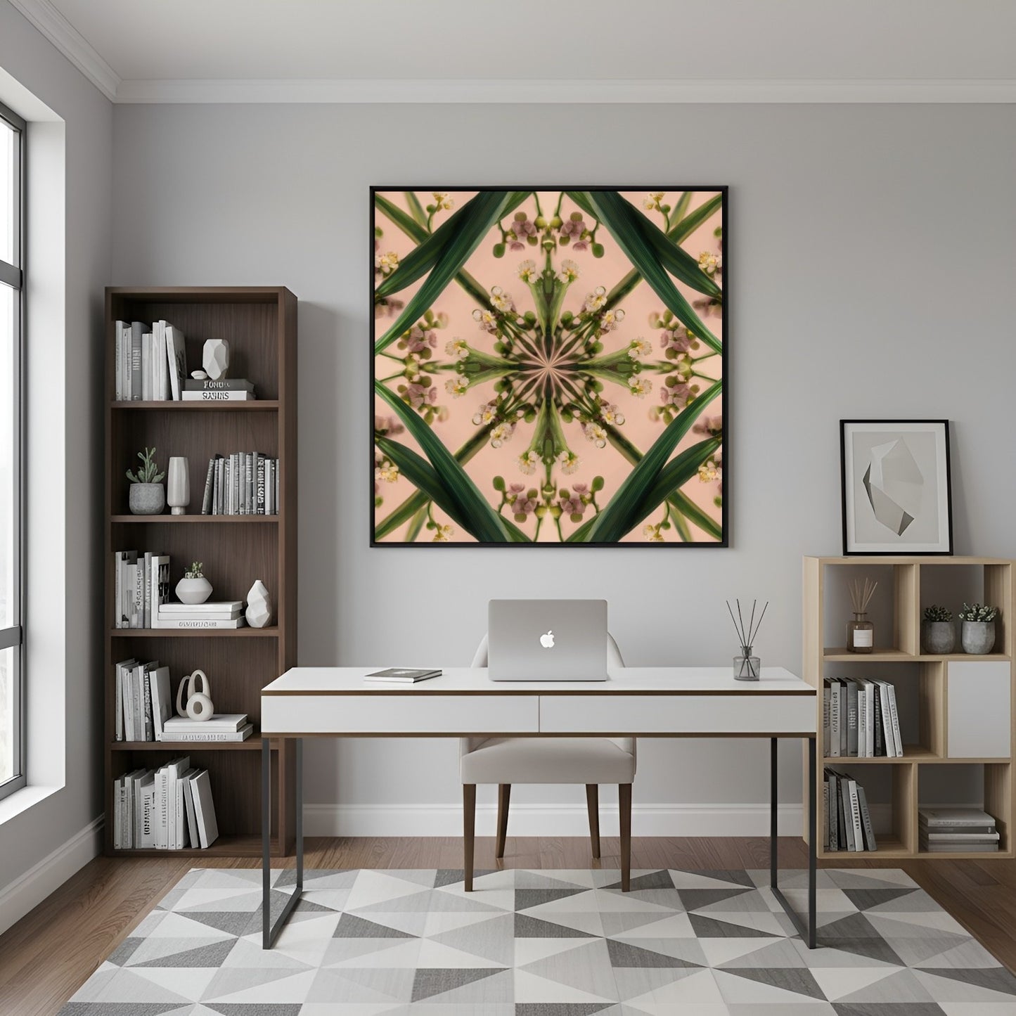 Botanical Design print – green stems and buds in mandala form on blush, modern botanical nature-inspired wall decor in home office
