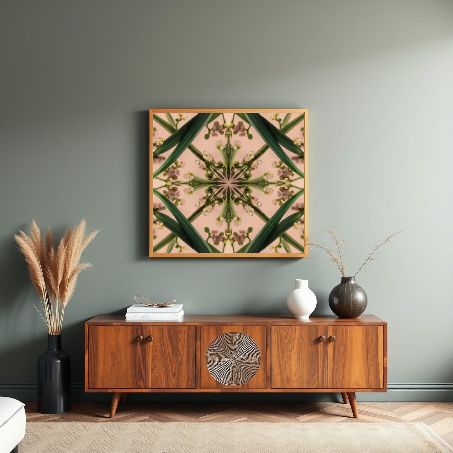 Botanical Design print – green stems and buds in mandala form on blush, modern botanical nature-inspired wall decor in living room