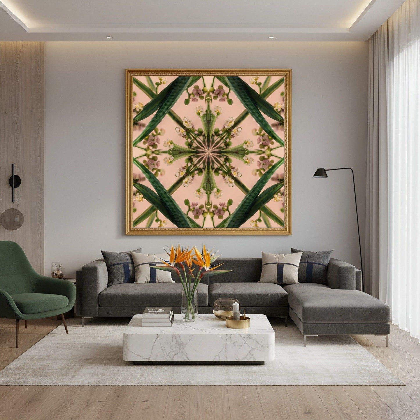 Botanical Design print – green stems and buds in mandala form on blush, modern botanical nature-inspired wall decor in modern living room