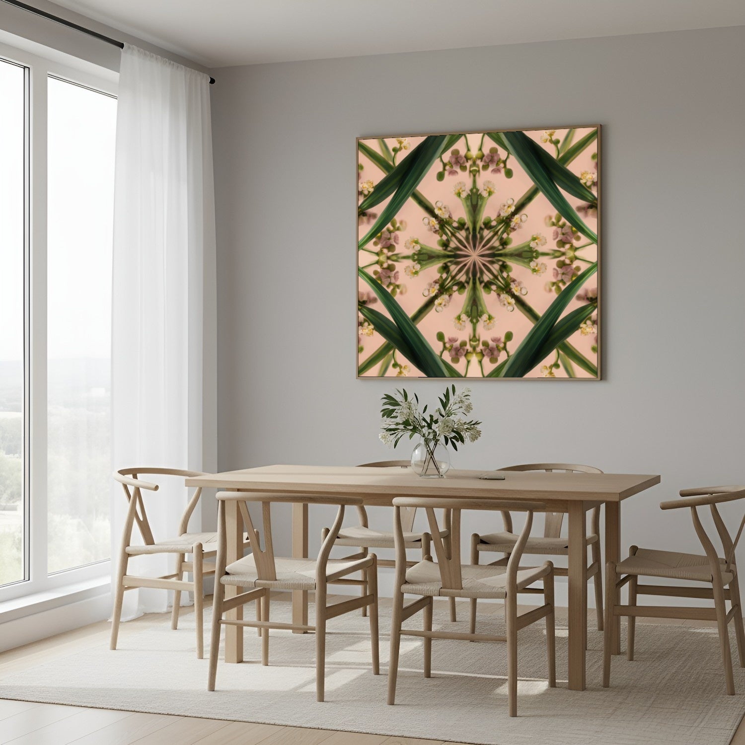 Botanical Design print – green stems and buds in mandala form on blush, modern botanical nature-inspired wall decor in Scandinavian dining 